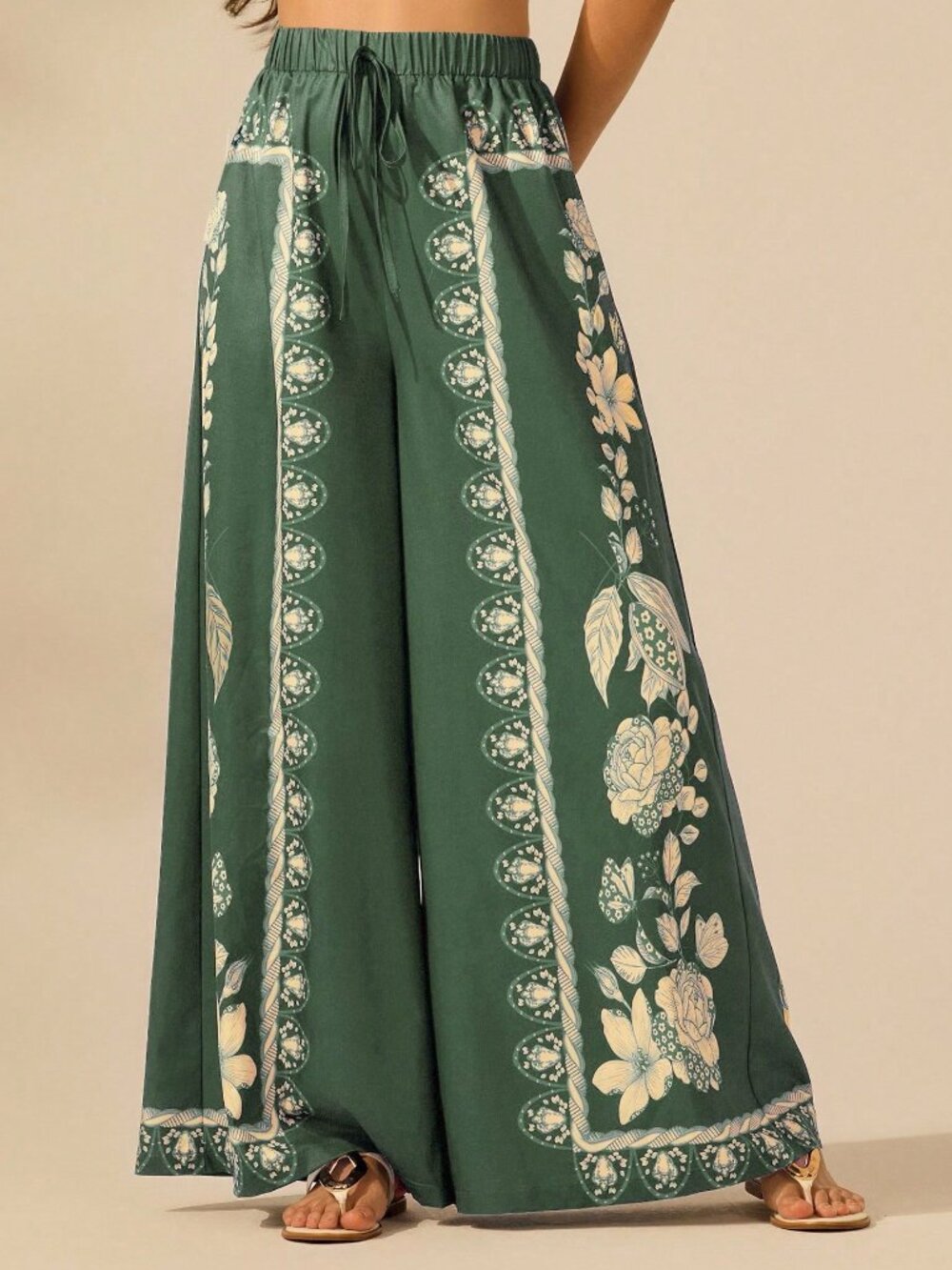 Green Boho Women's Tropical Plant Print Pants